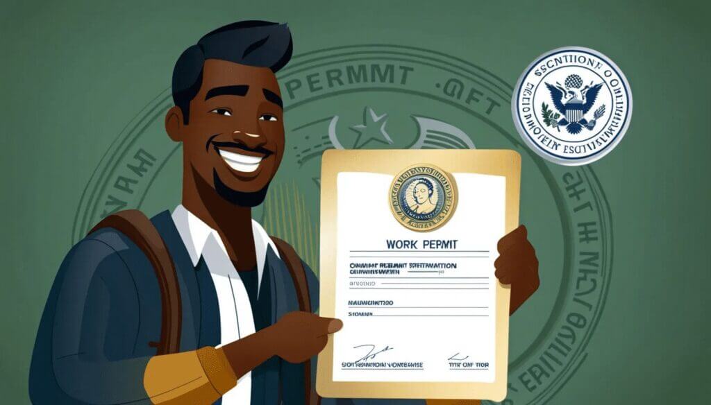 Inmigrante sosteniendo el permiso de trabajo en Estados Unidos.