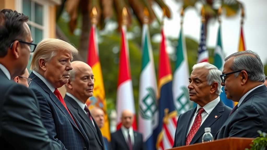 Una reunión diplomática en un entorno al aire libre, centrada en debates serios sobre las relaciones internacionales.