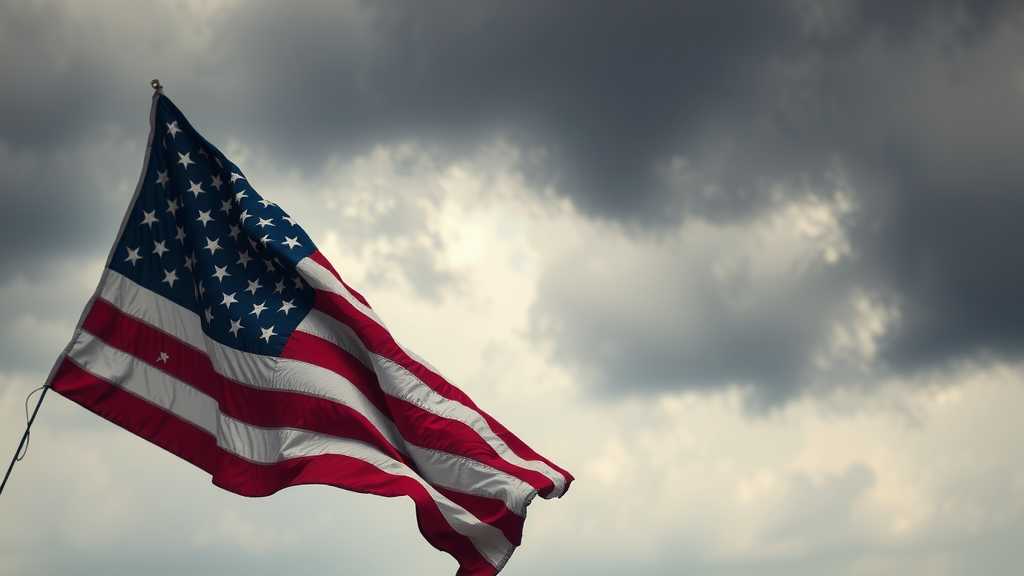 Una vieja bandera estadounidense contra un cielo tormentoso. La escena simboliza el turbulento discurso de la inmigración en EEUU.