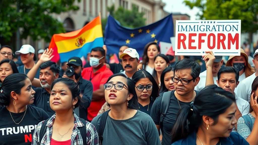 Una multitud diversa en una concentración por la reforma de la inmigración, mostrando fuertes emociones y abogando por un cambio político.