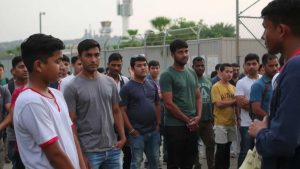 a-diverse-group-of-migrants-waiting-outside-a-detention-center-showing-expressions-of-concern-amidst-a-stark-urban-backdrop